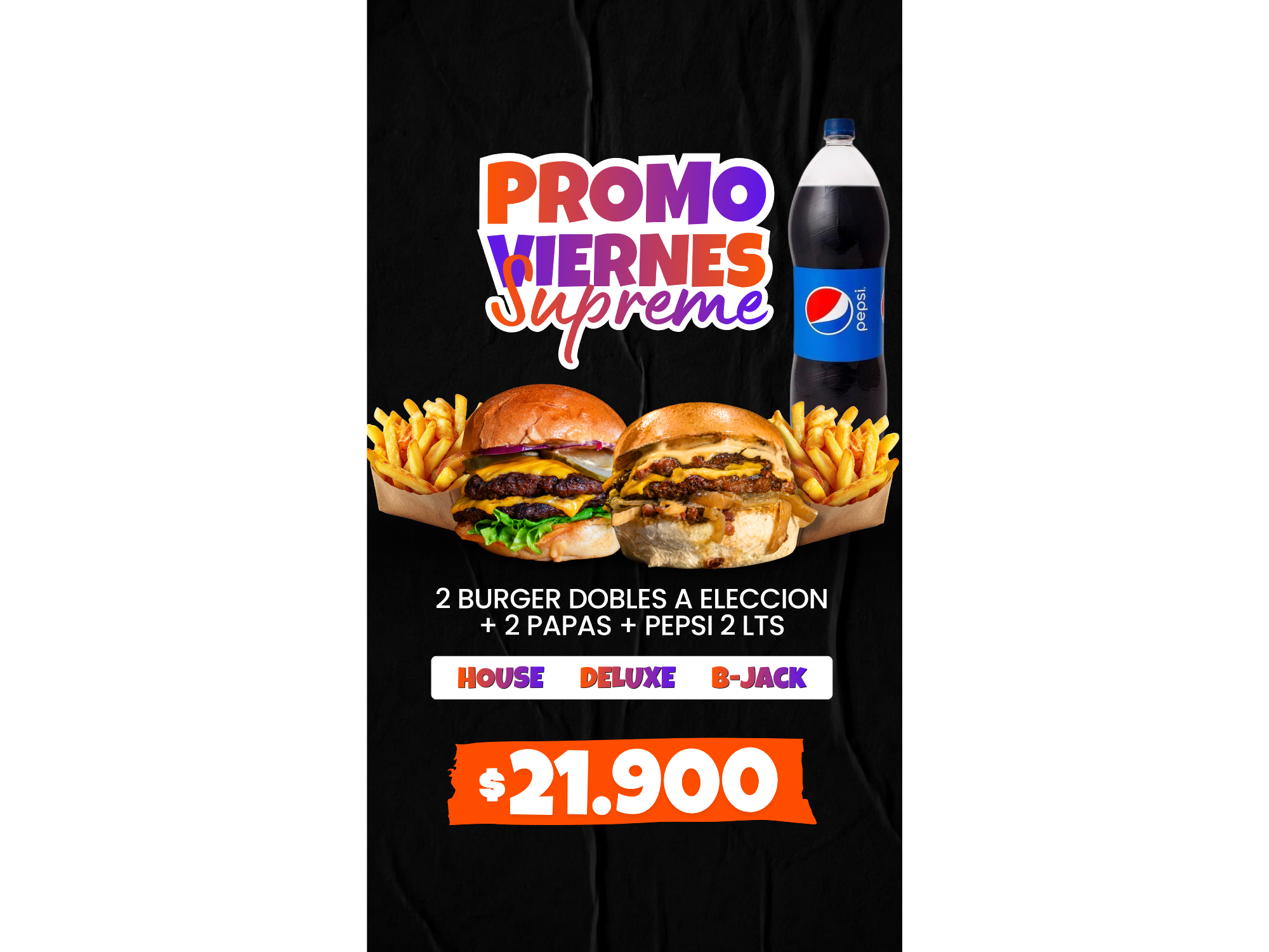 2 Burger Dobles + Papas + Pepsi 2 lts