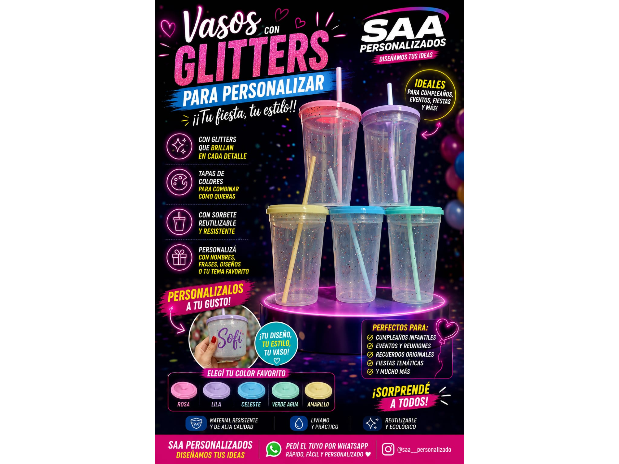 VASO GLITEER CON TAPA COLOR