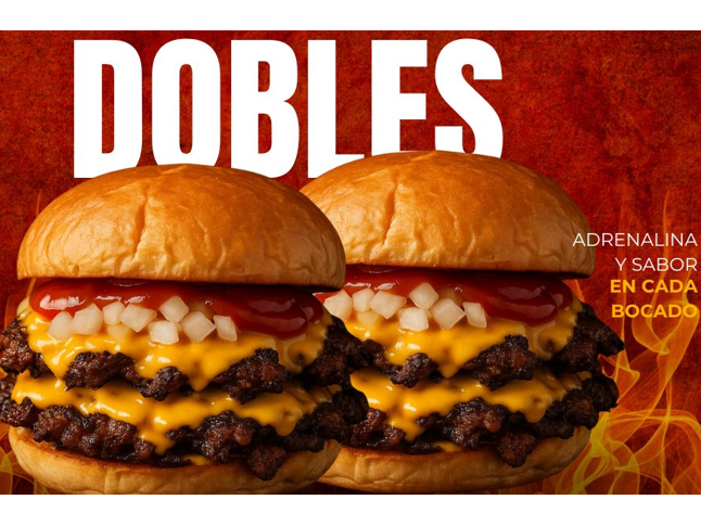 DOS HELL BURGER DOBLES + PAPAS + CHEDDAR