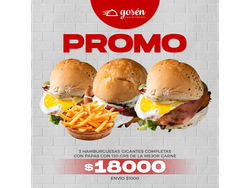 3 🍔 Hamburguesas Gigantes con papas + envio $1000