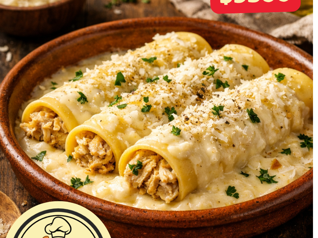 Canelones de pollo con salsa 4 quesos