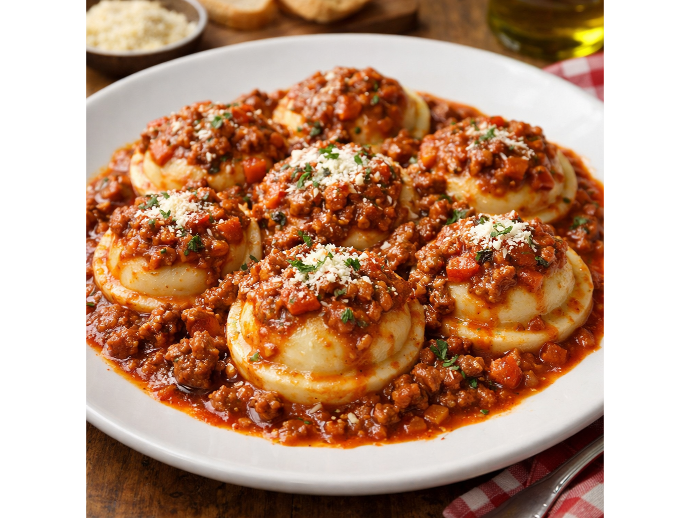 Sorrentinos de Carne y Verdura con Salsa Bolognesa