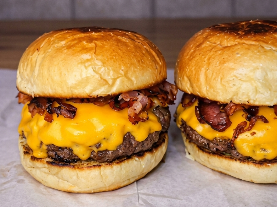Burger Chesse Bacon con lechuga y tomate con papas