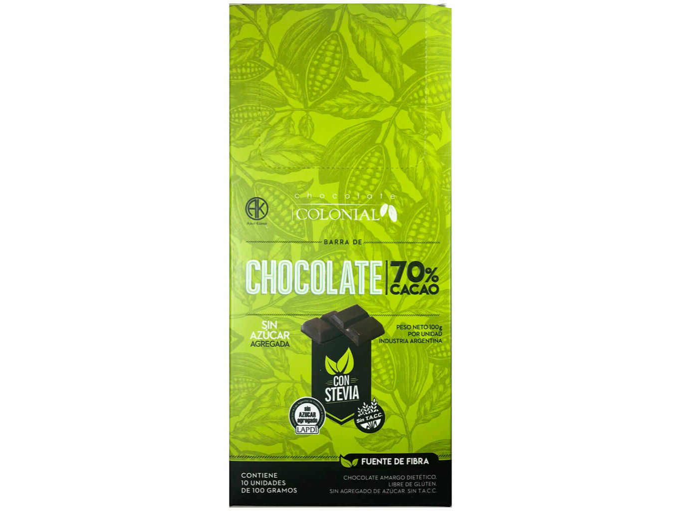 BARRA DE CHOCOLATE 70% CACAO CON STEVIA