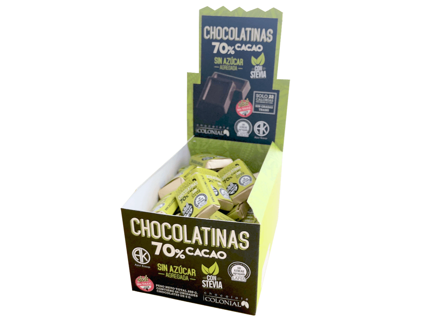 CHOCOLATINA 70% CACAO CON STEVIA DISPLAY 50 U