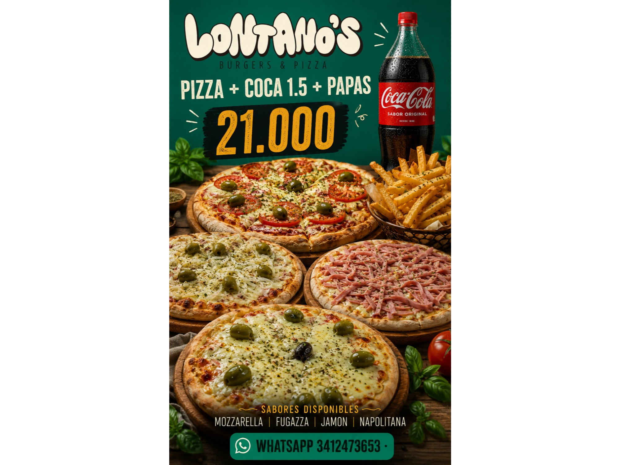 Pizza Jamón + Papas medianas + Coca de 1.5lt