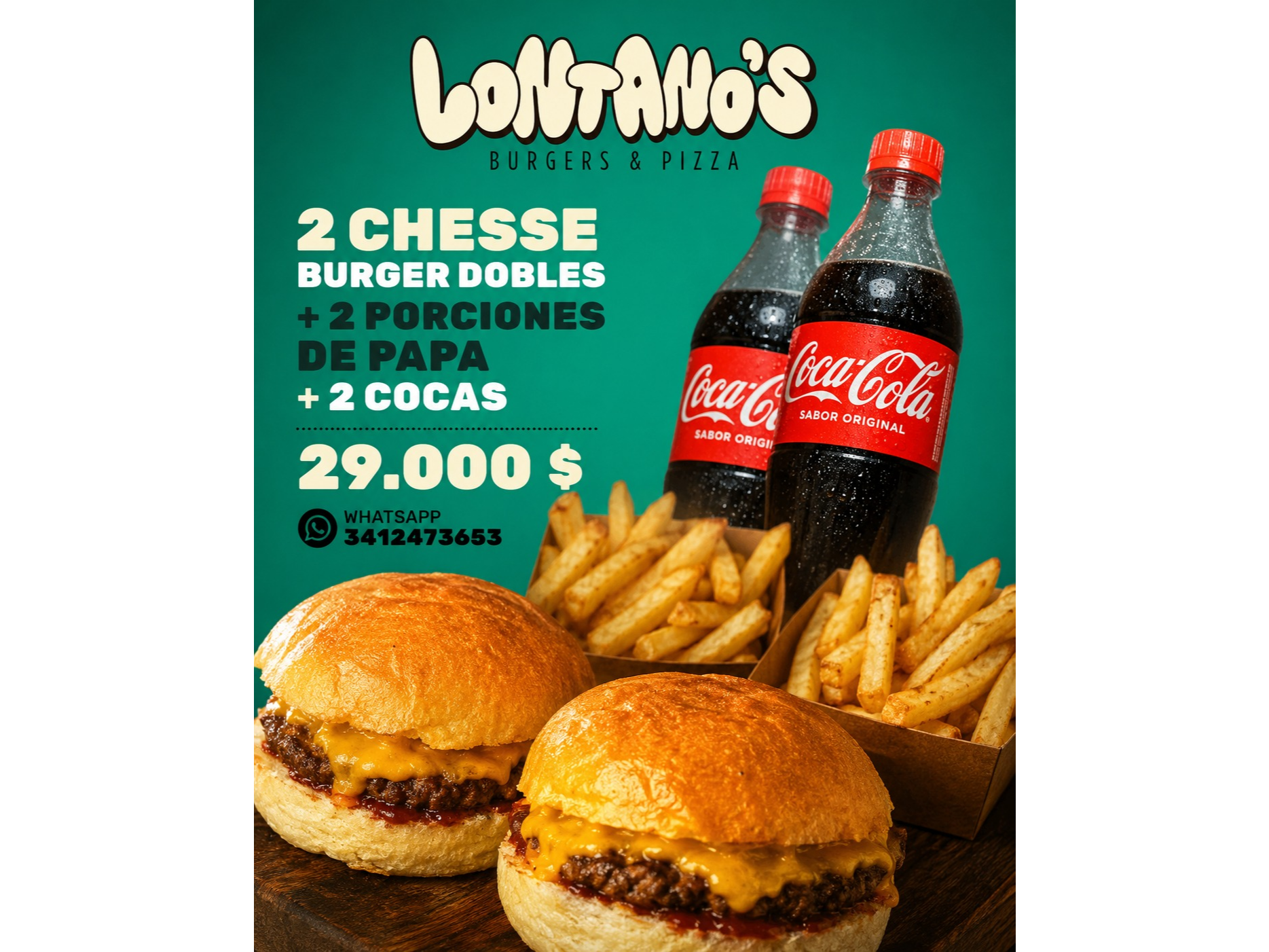 2 Cheese Burger Dobles + 2 Porciones De Papas + Dos cocas de 500ml