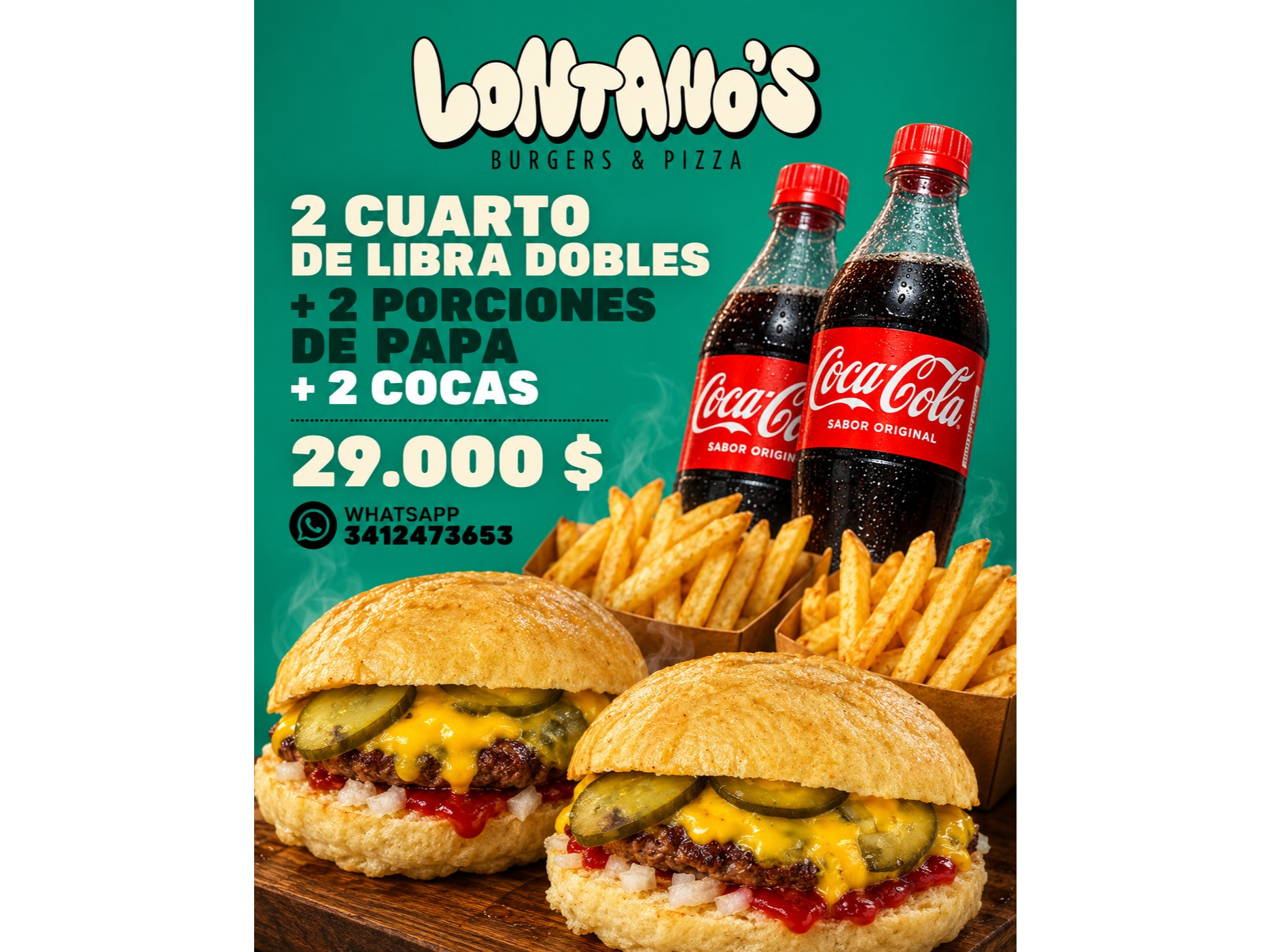2 Cuarto De Libra Dobles + 2 Porciones De Papas + Dos cocas de 500ml