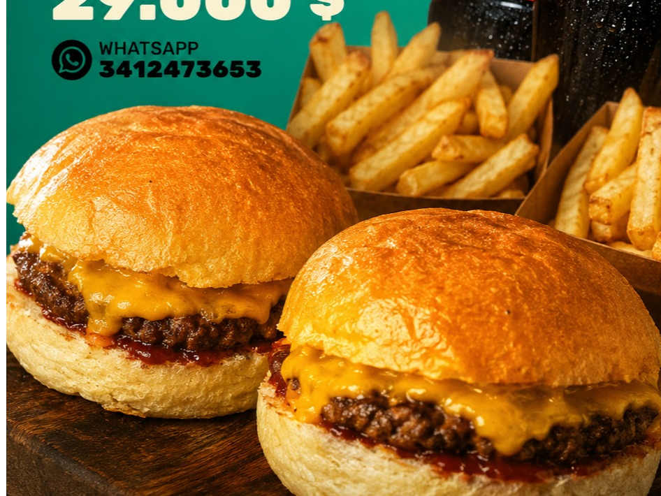 2 Cheese Burger Dobles + 2 Porciones De Papas