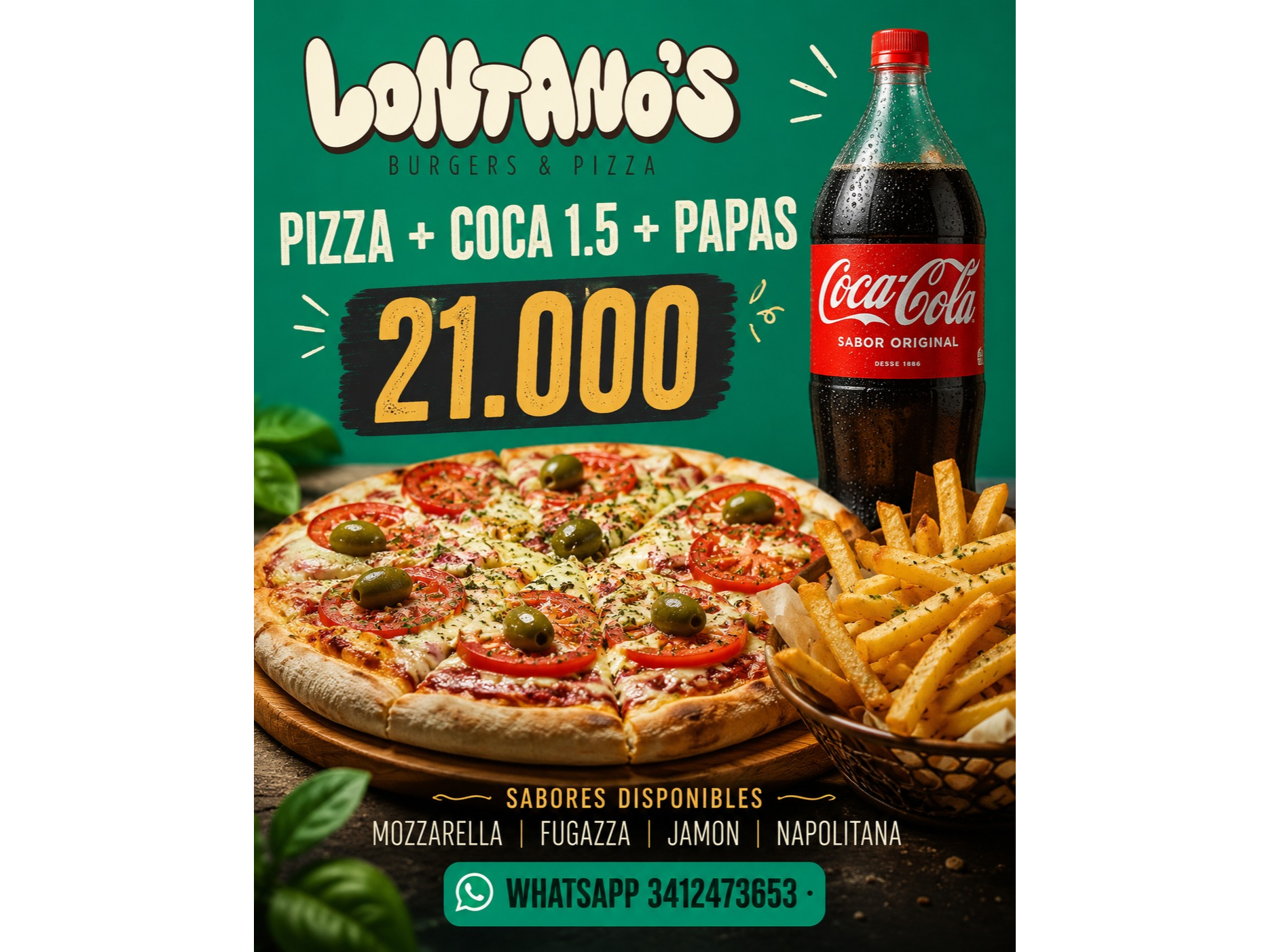 Pizza Napolitana + Papas medianas + Coca de 1.5lt