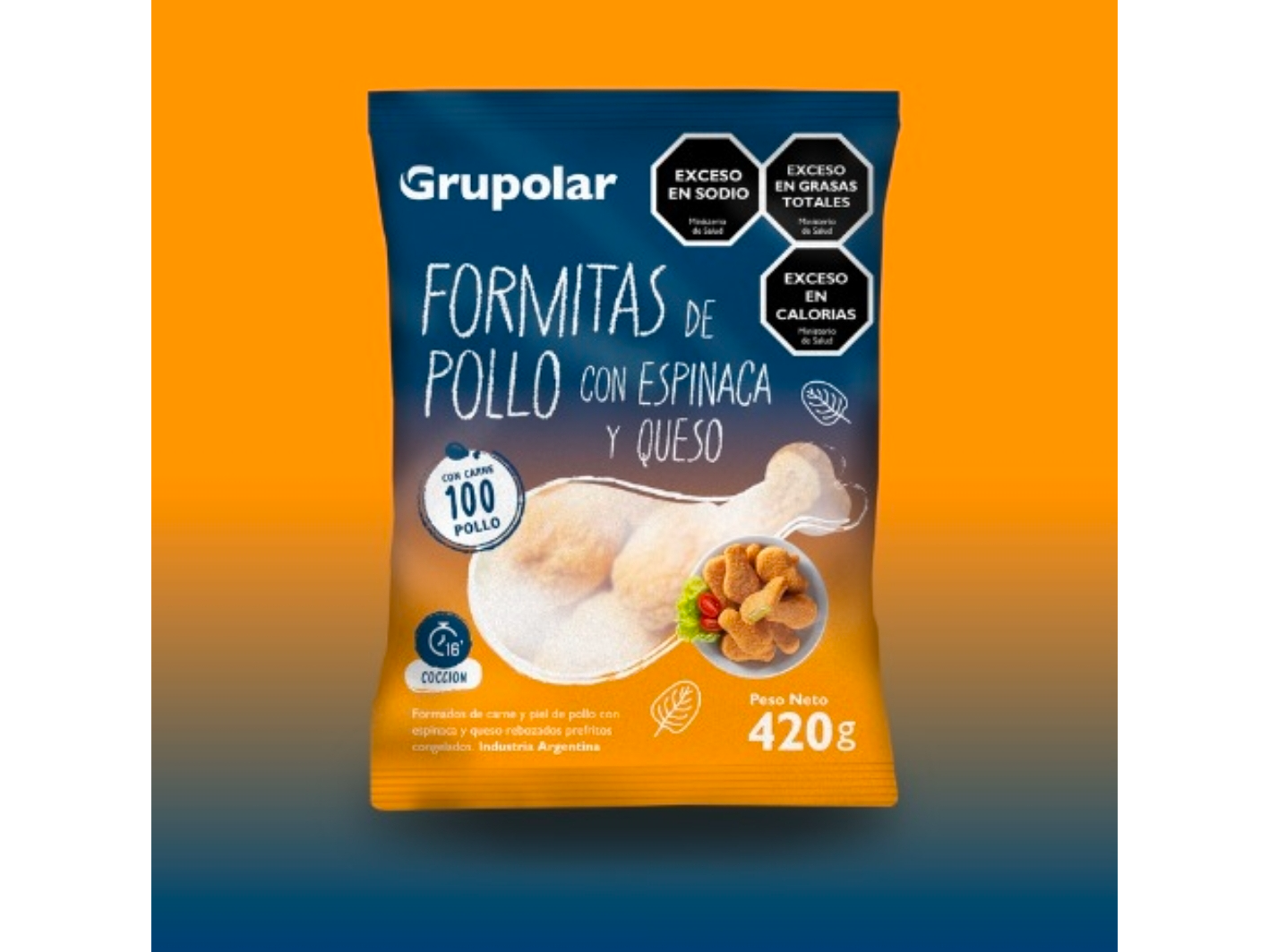 Formitas de pollo , espinaca y queso 12 x 420 Gr