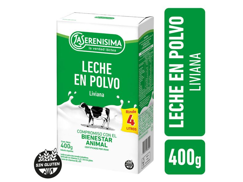 LECHE EN POLVO LA SERENISIMA DESCREMADA LS x 400 g.