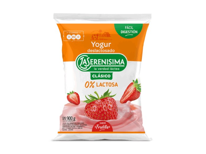 YOGUR LA SERENISIMA 0% LACTOSA FRUTILLA SACHET x 900 g.