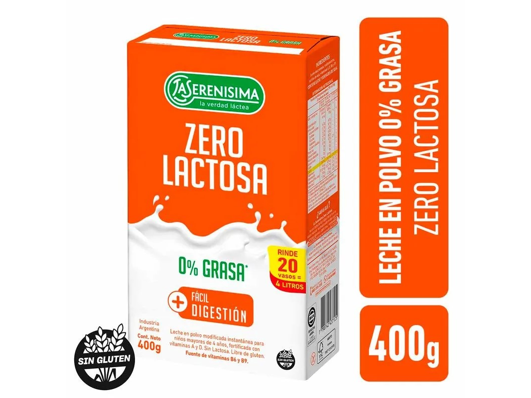 LECHE EN POLVO LA SERENISIMA 0% LACTOSA x 400 g.