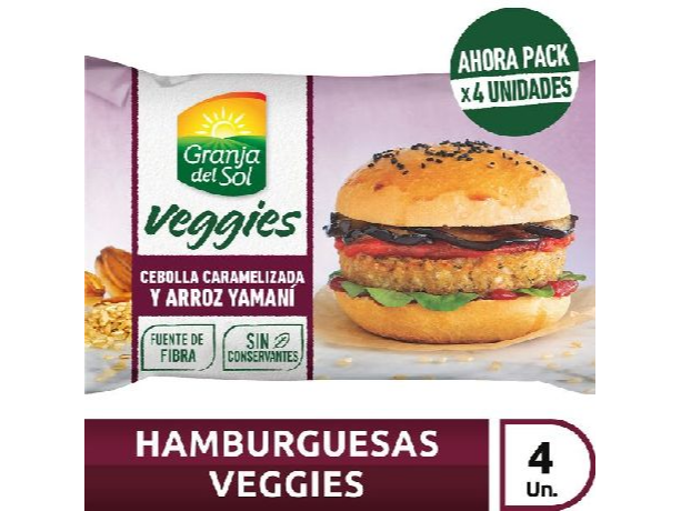 HAMBURGUESAS GRANJA DEL SOL VEGGIES CEBOLLA CARAME. Y ARROZ YAMANI x 420 g.