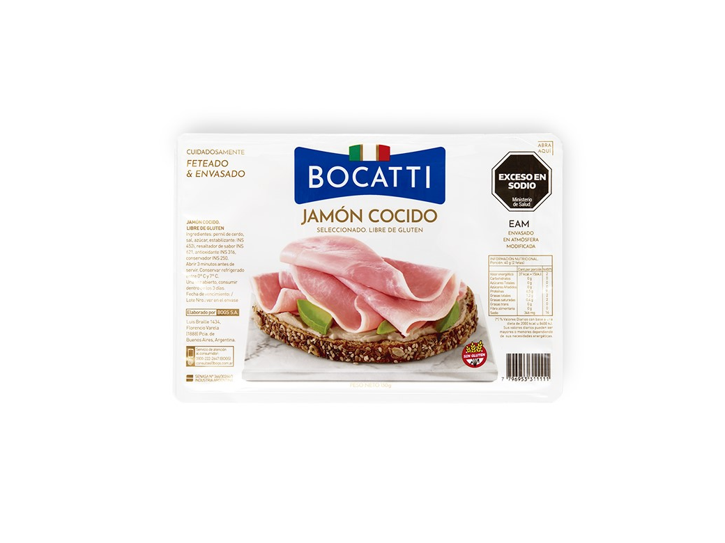 JAMON BOCATTI COCIDO FETEADO SELECCIONADO x 130 g.