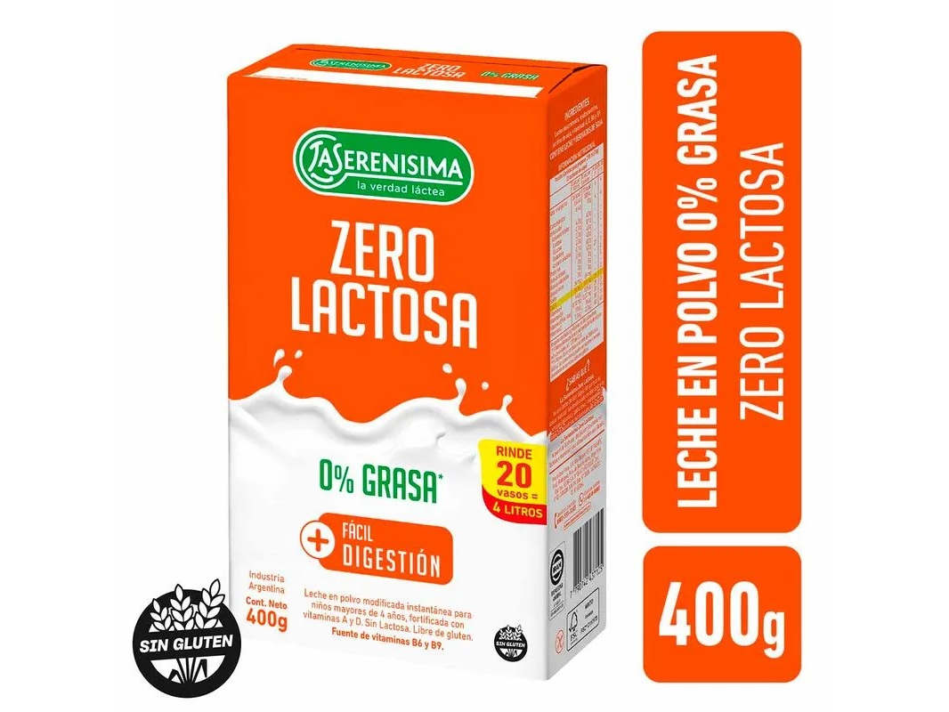 LECHE EN POLVO LA SERENISIMA 0% LACTOSA x 400 g.