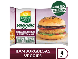 HAMBURGUESAS GRANJA DEL SOL VEGGIES CEBOLLA CARAME. Y ARROZ YAMANI x 420 g.
