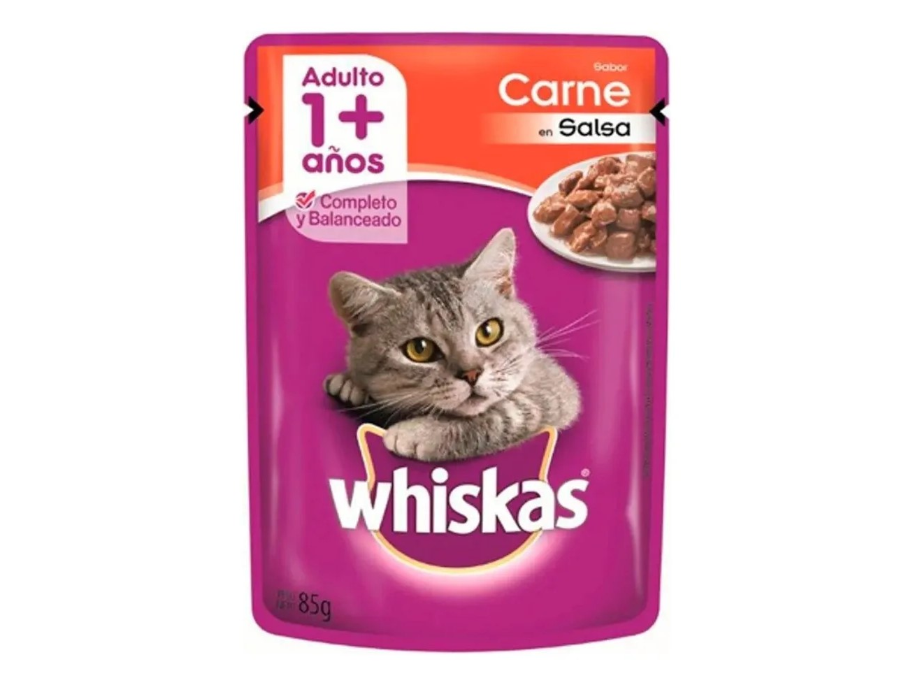 ALIMENTO PARA GATOS WHISKAS SALSA SABOR CARNE POUCH x 85 g.