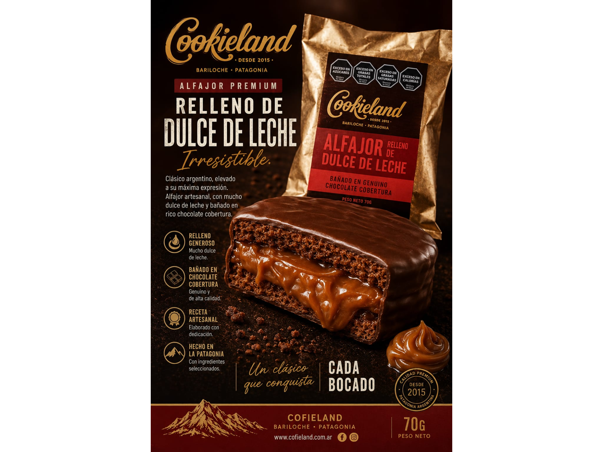 Alfajor de DDL con cobertura NEGRA ( 1 x 70gr ) - Cookieland de DISTRIBUIDORA ROUZIES