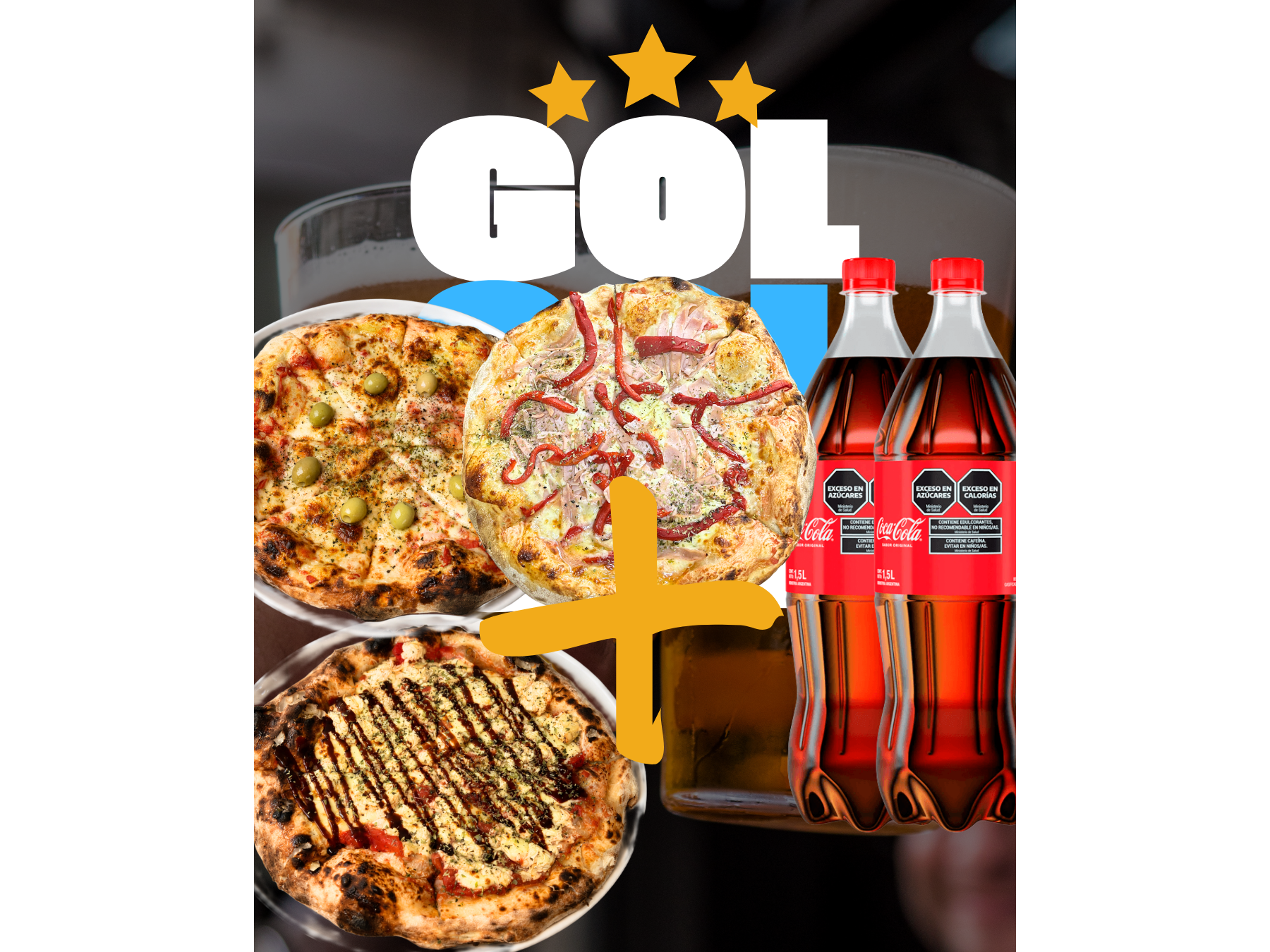 1 MUZZA, 1 POLLO Y 1 HAWAIANA + 2 COCAS 1.5lt