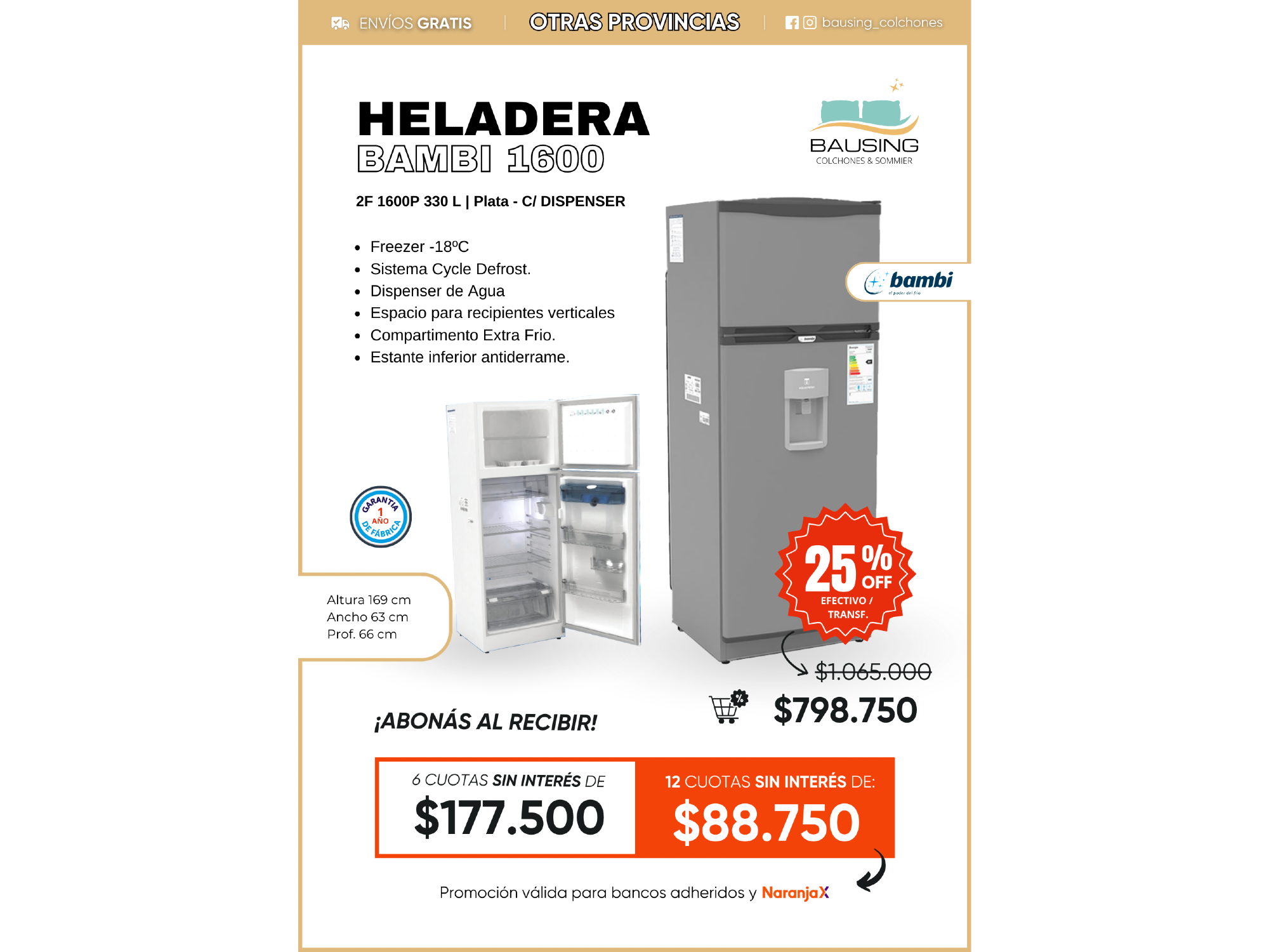 Heladera Bambi 330 Con Dispénser