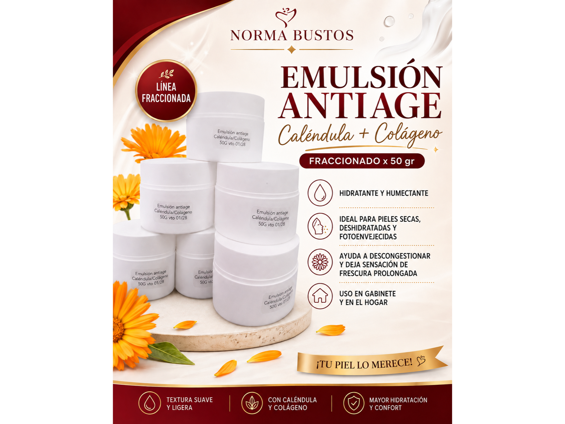 EMULSIÓN ANTIAGE Caléndula y Colágeno x 50 gr NORMA BUSTOS