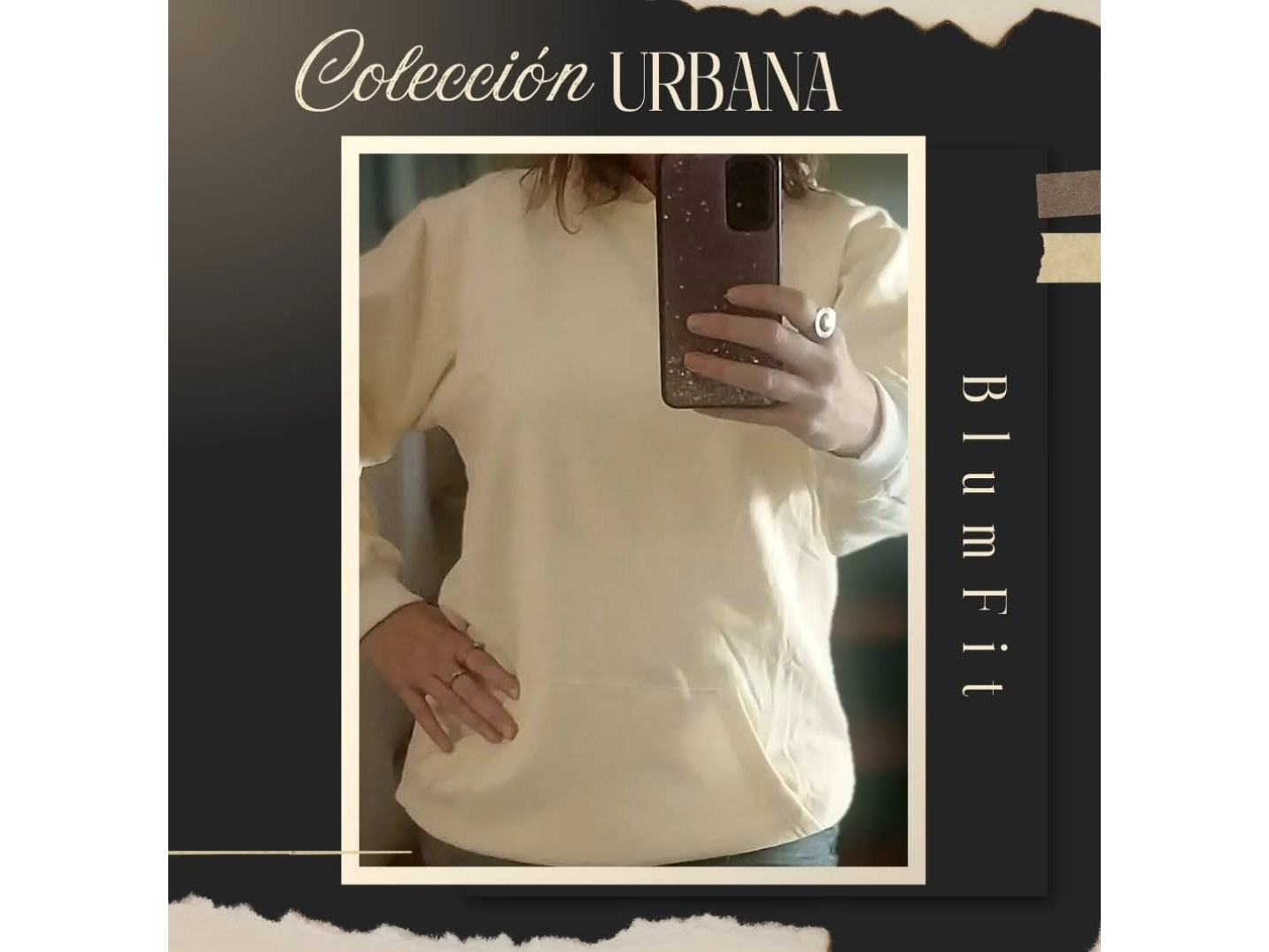 Buzo algodon con frisa canguro. Color manteca