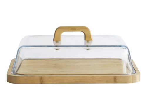 Quesera Con Tapa De Vidrio Y Tabla De Bamboo Grande