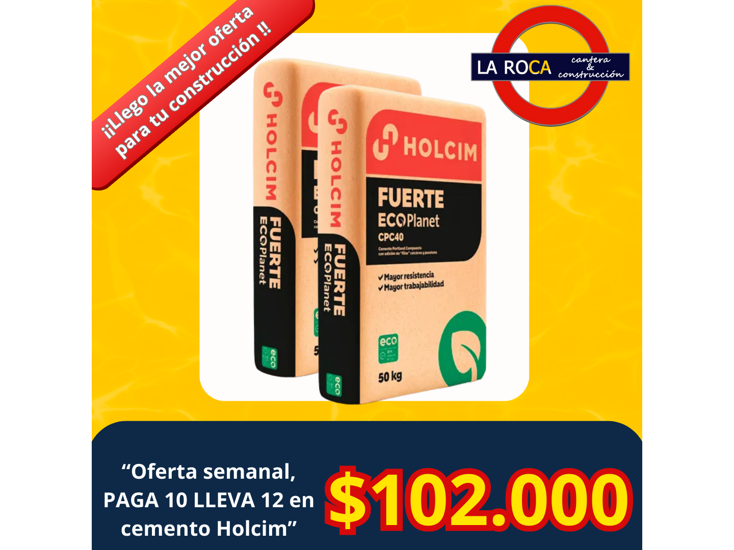 Paga 10 lleva 12 (Cemento Holcim 50KG)