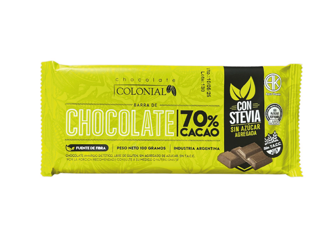 Tableta de Chocolate 70 % Cacao sin Azúcar Colonial