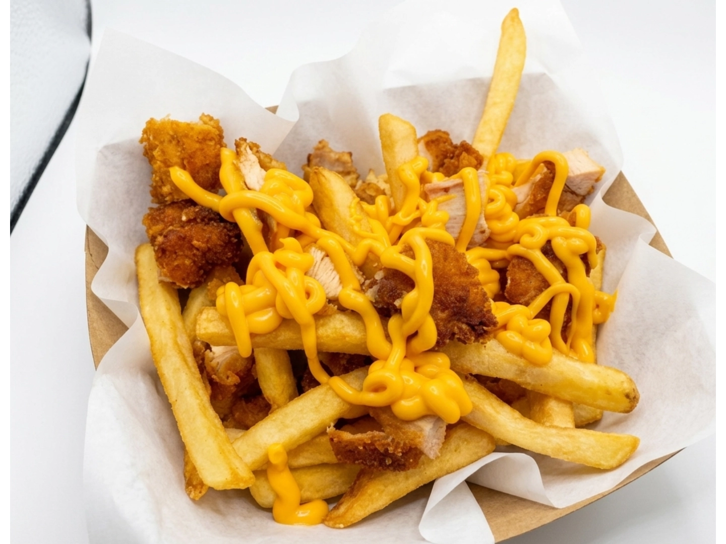 POLLO TROZADO Y PAPAS CON CHEDDAR