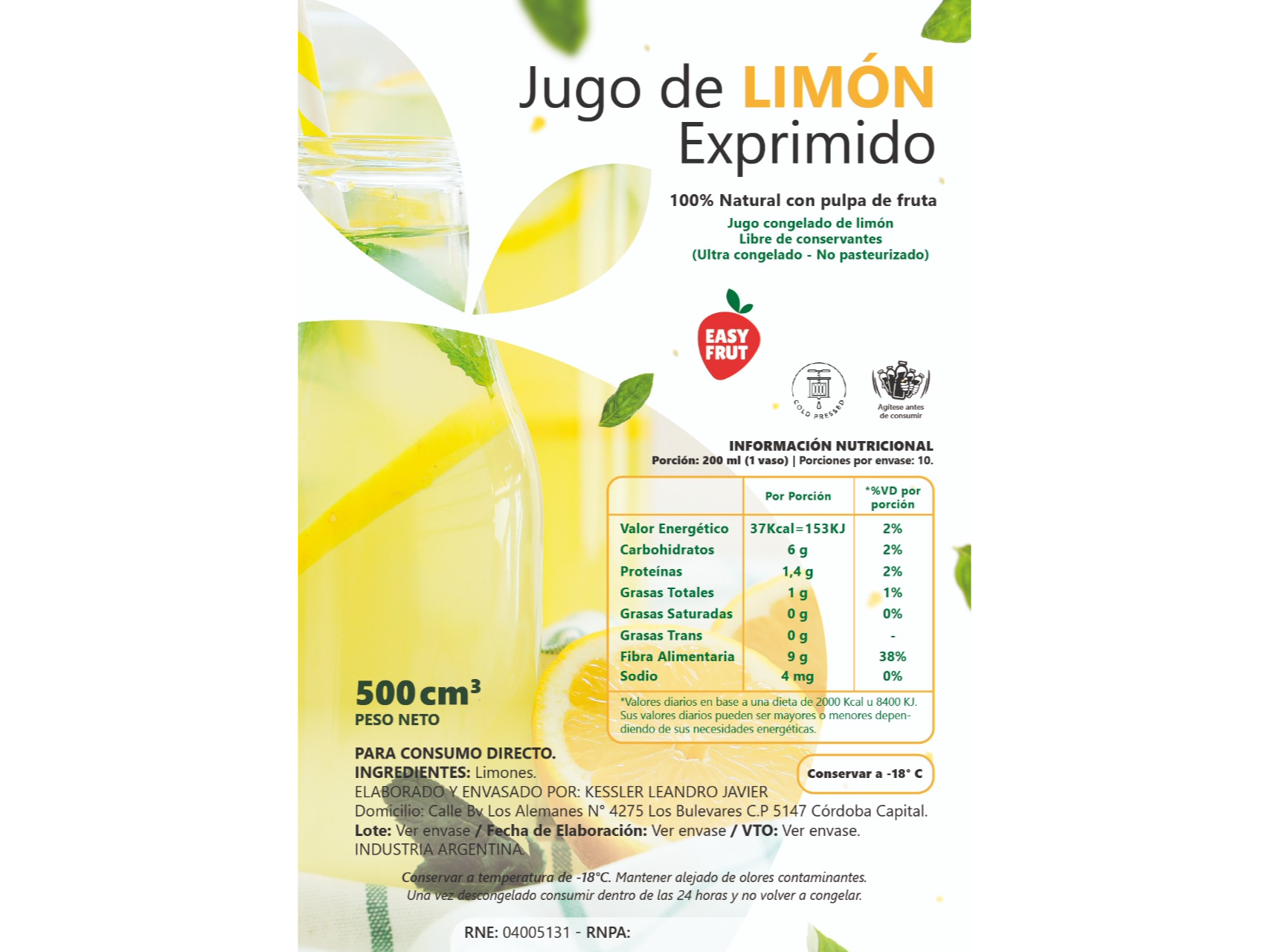 JUGO DE LIMON NATURAL  X 4unidades de 500 LT (Total 2 LT)