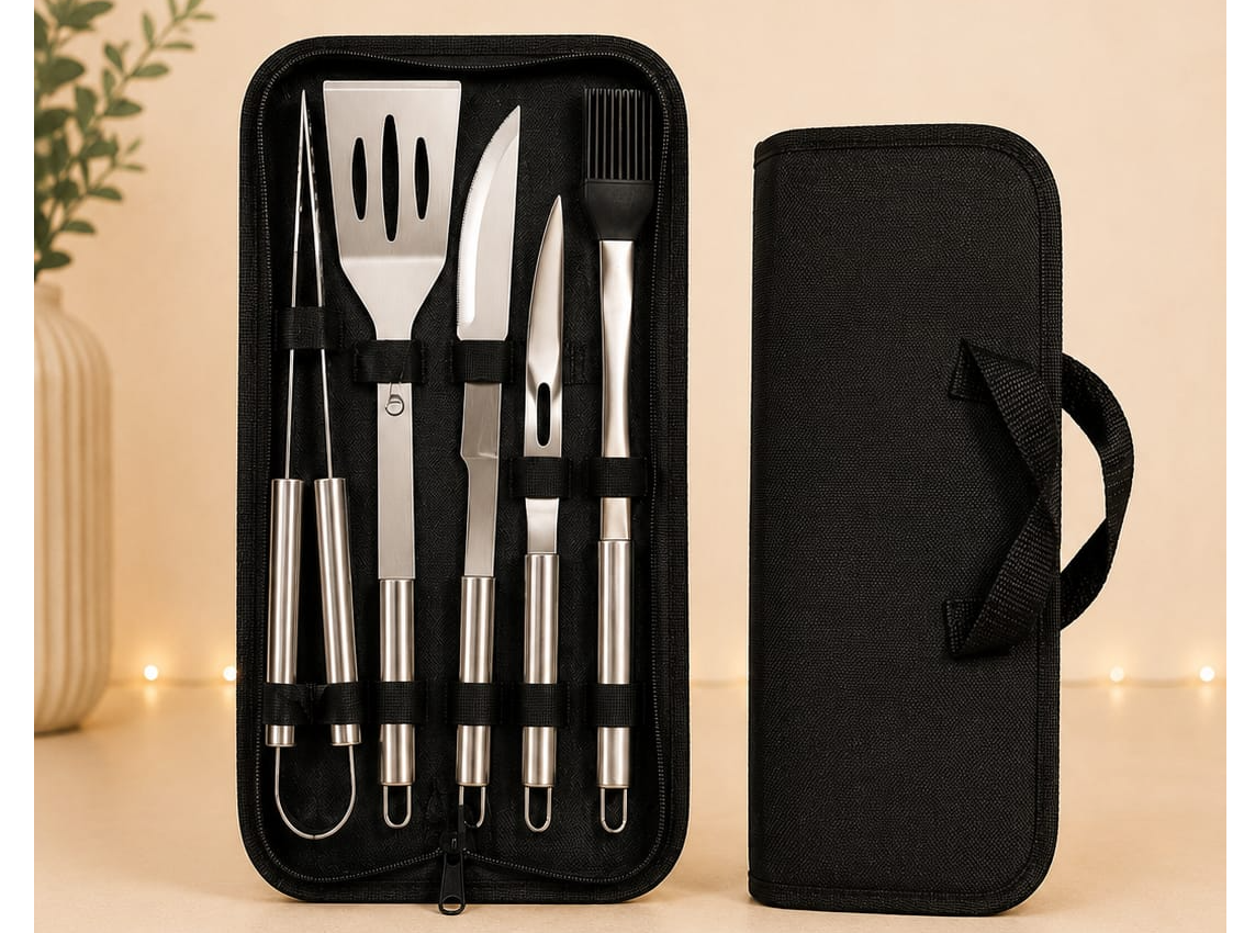 KIT ASADOR 5 PIEZAS ACERO EN ESTUCHE