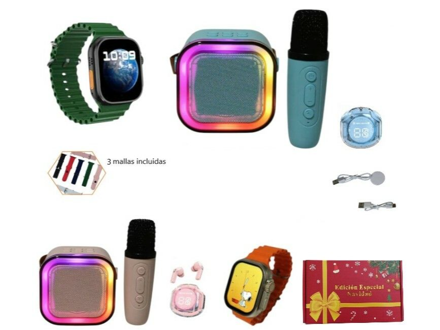 Combo parlante, mic, auri y reloj