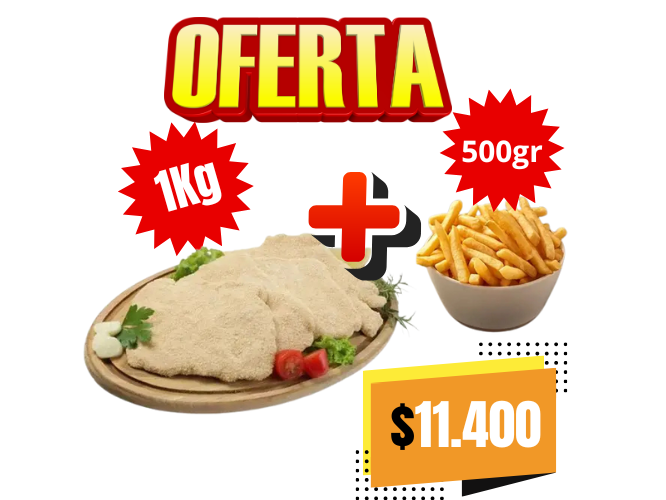 1 KG DE MILANESAS DE POLLO + 500grs DE PAPAS BASTON McCAIN