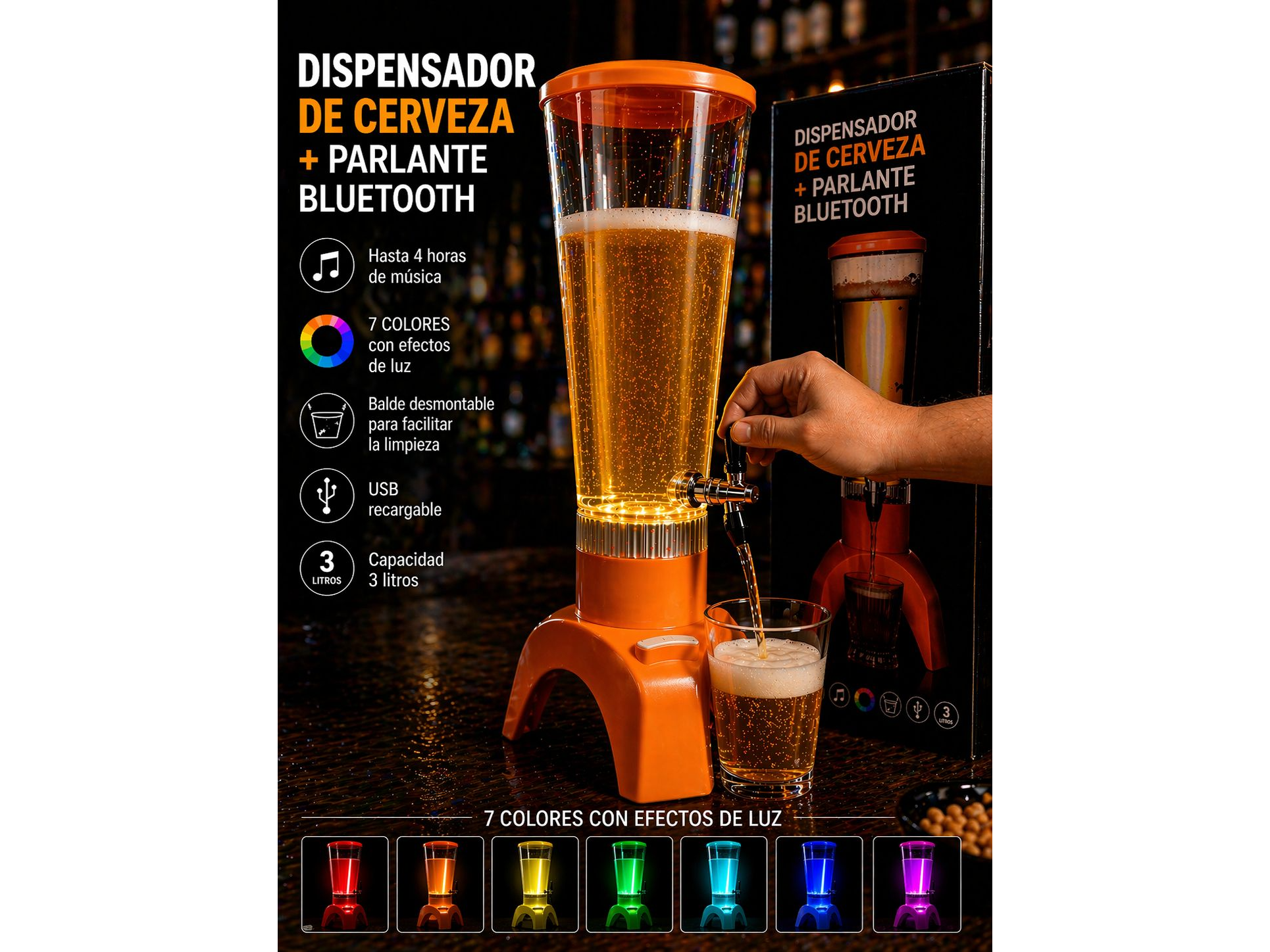 Parlante Bluetooth con luces rgb y dispenser para liquidos