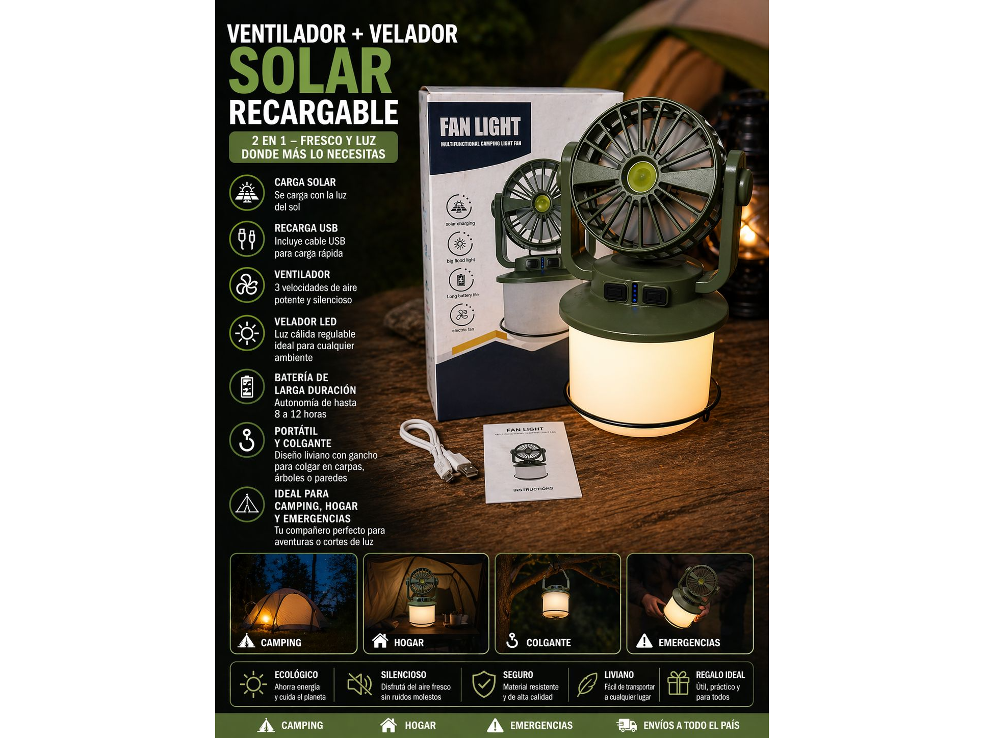 Ventilador + Velador solar 2 en 1