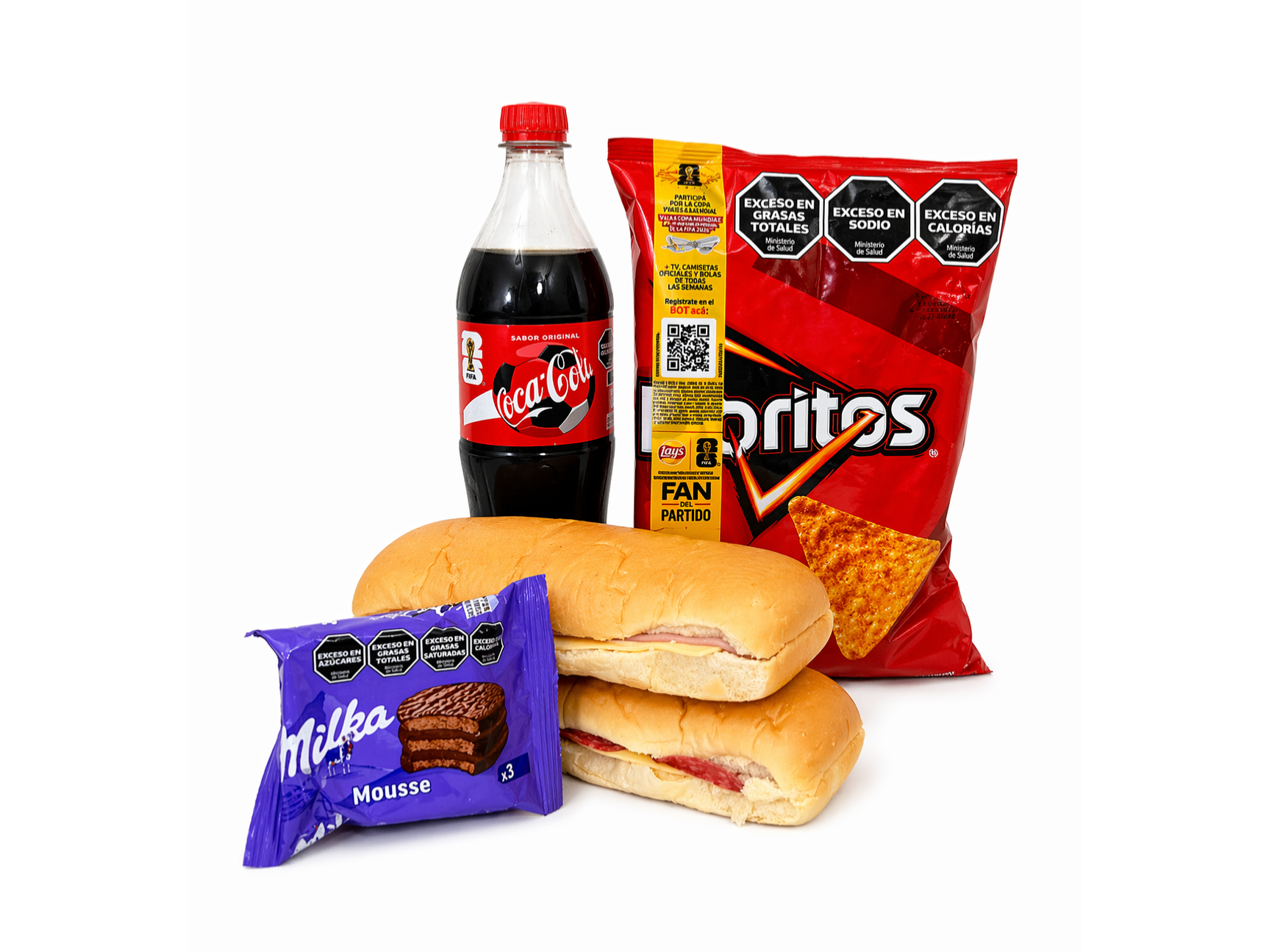 COMBO GULA 2. doritos 77g + 2 pebetes caseros + gaseosa 500ml + alfajor milka
