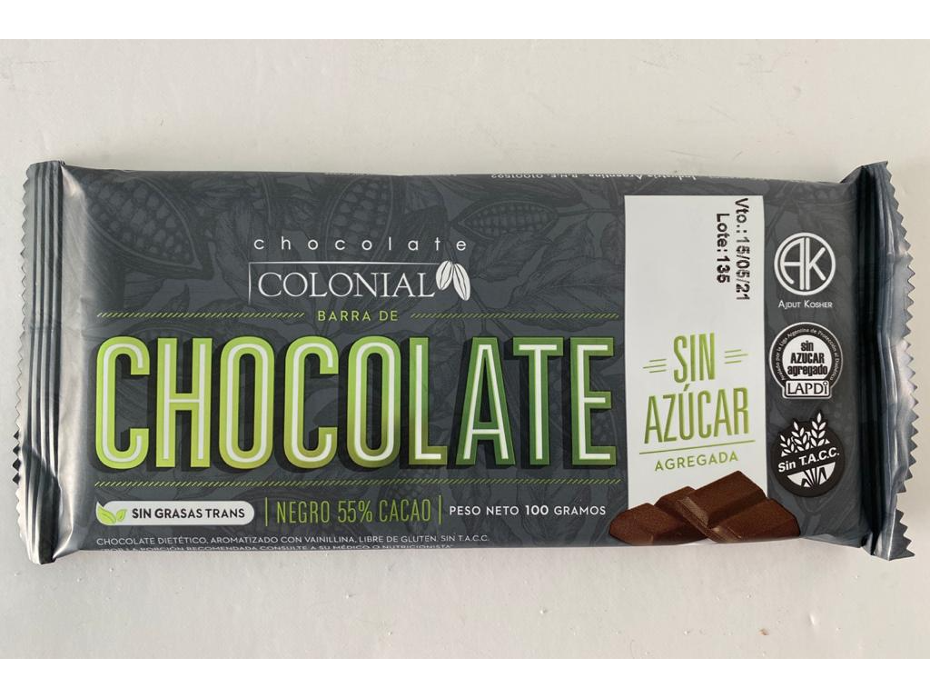 Chocolate 55% cacao sin azucar x 100 gr