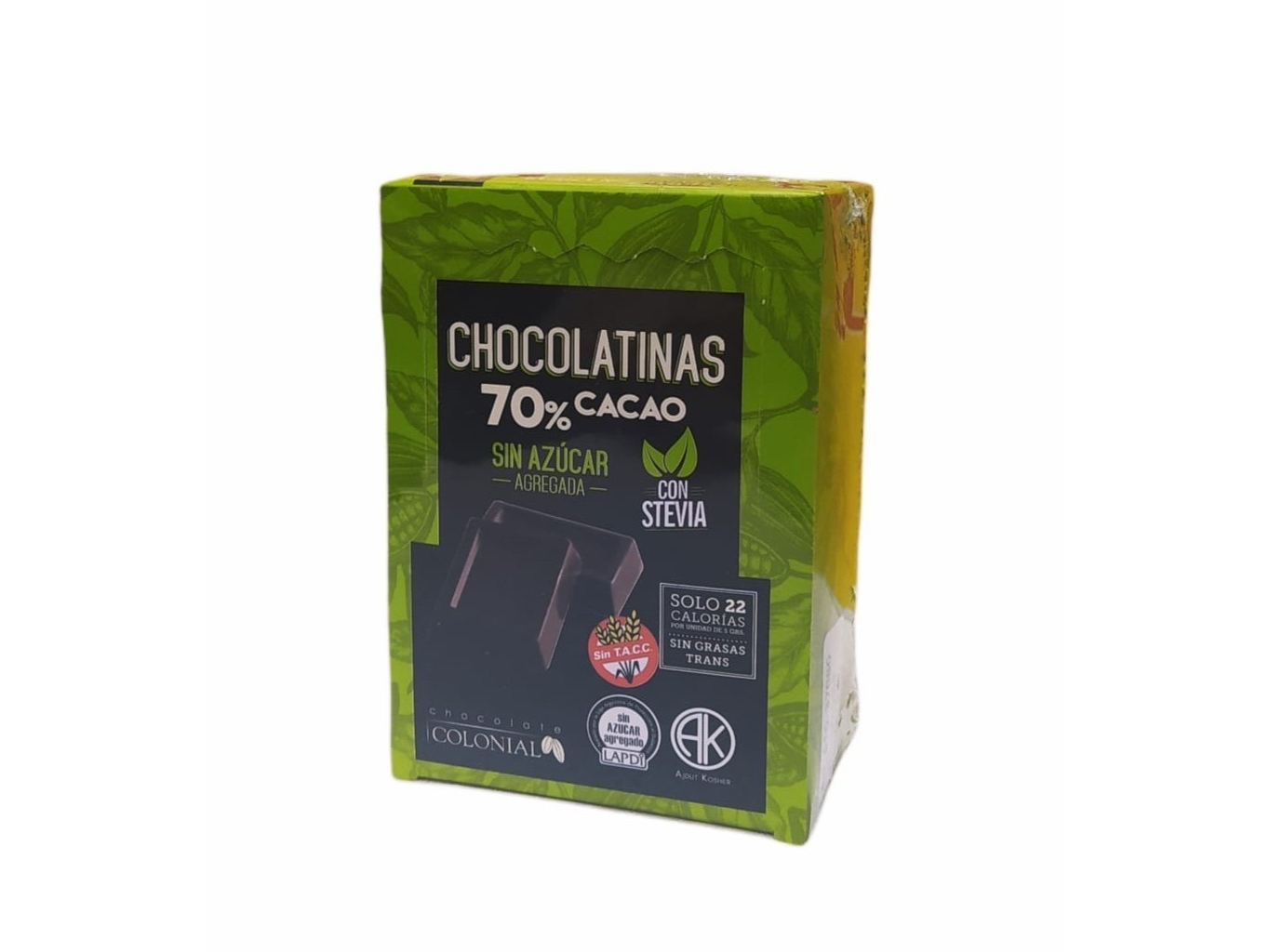 Chocolatina 70% cacao con stevia x 50 un.