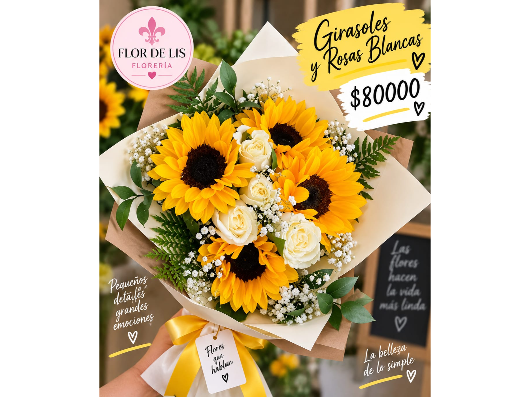 GIRASOLES Y ROSAS BLANCAS