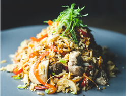 Wok de vegetales y arroz con pollo