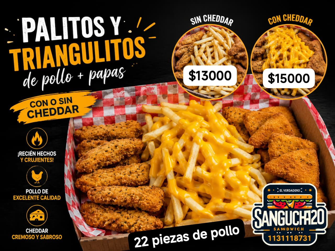 Palitos y triangulitos de pollo más fritas