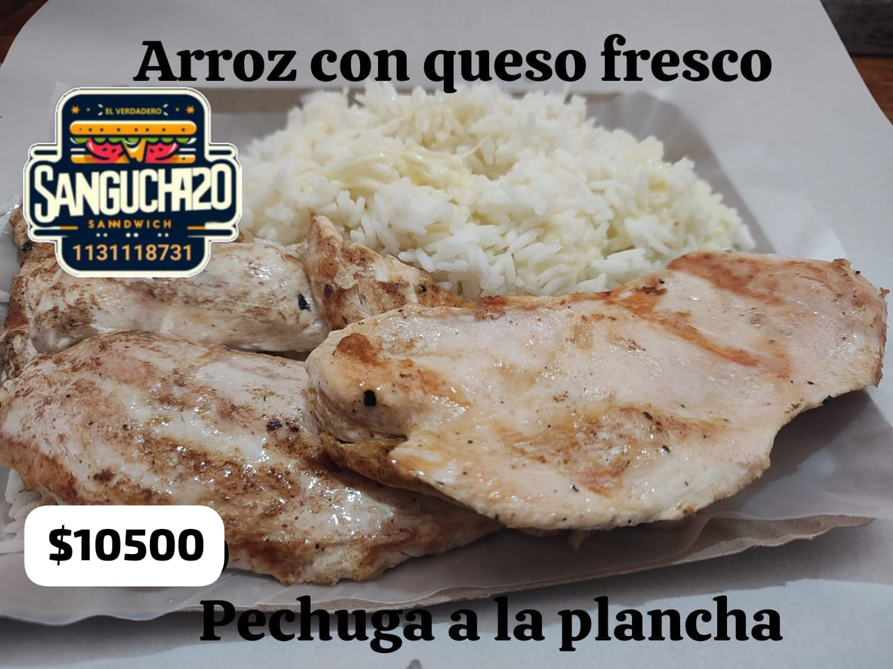 Pollo a la plancha con arroz con queso