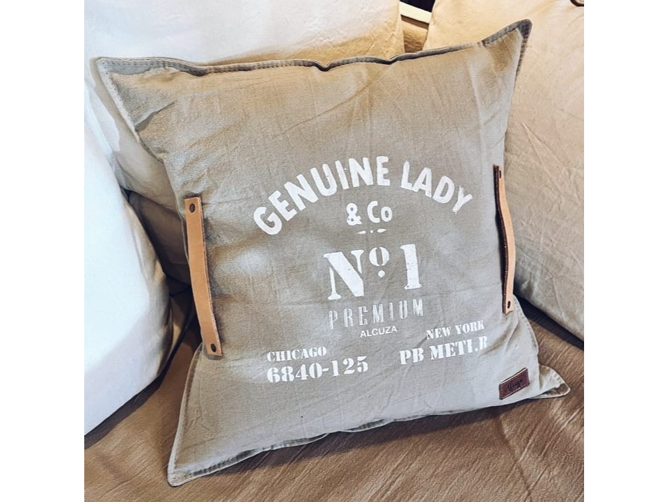 Almohadon Genuine Lady 100% tusor detalles en cuero
