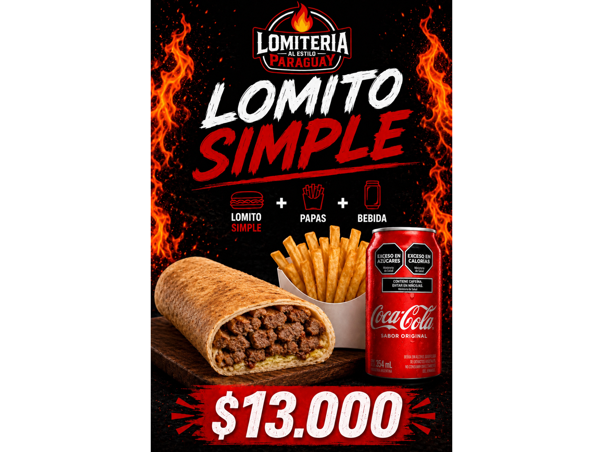 Lomito simple + papas + bebida