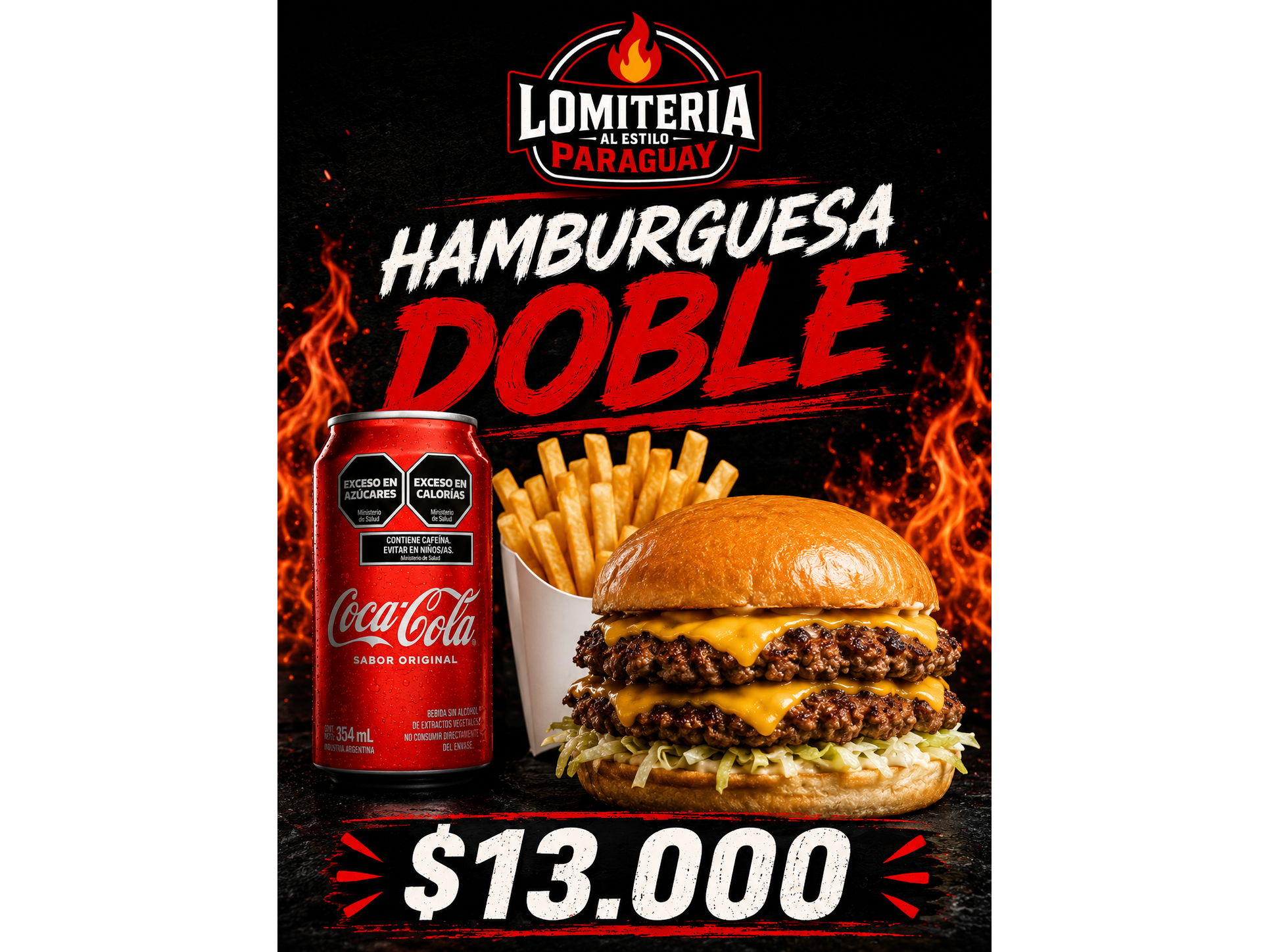 Hamburguesa doble + papas + bebida