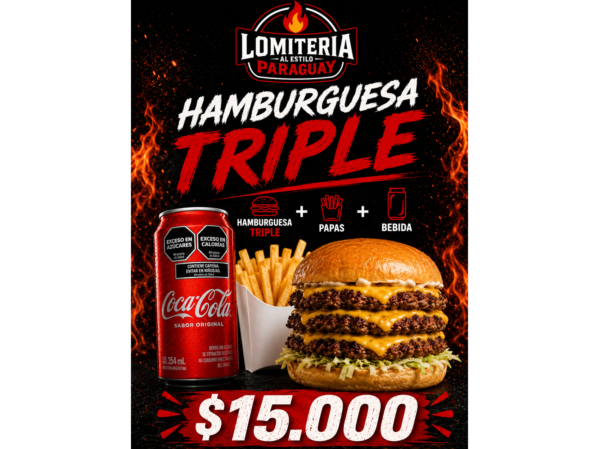 Hamburguesa triple + papas + bebida