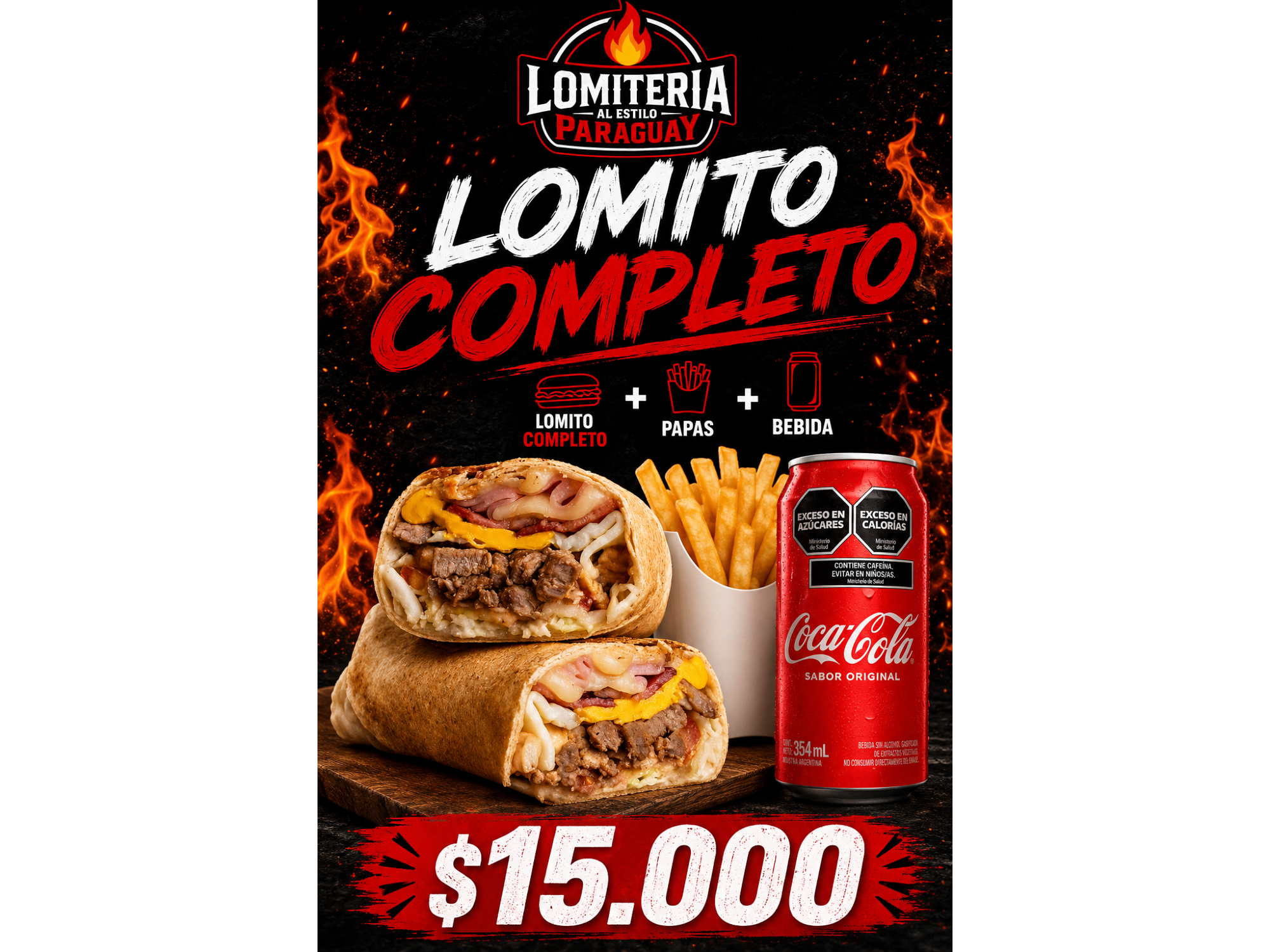 Lomito completo + papas + bebida